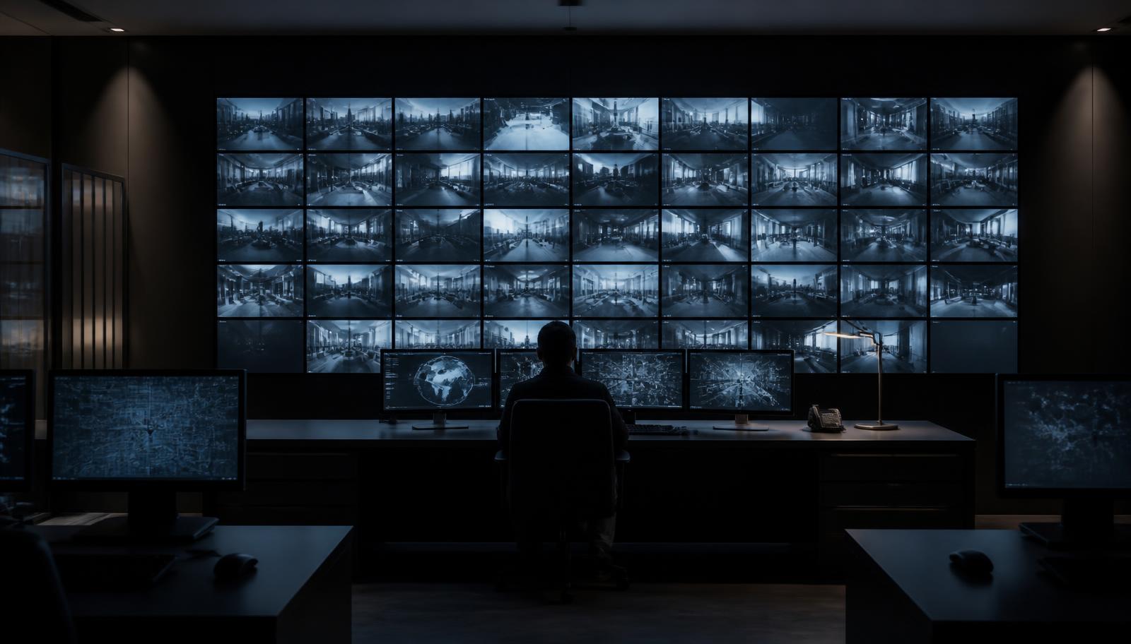 Sala de controle com painel de monitores exibindo imagens de câmeras
